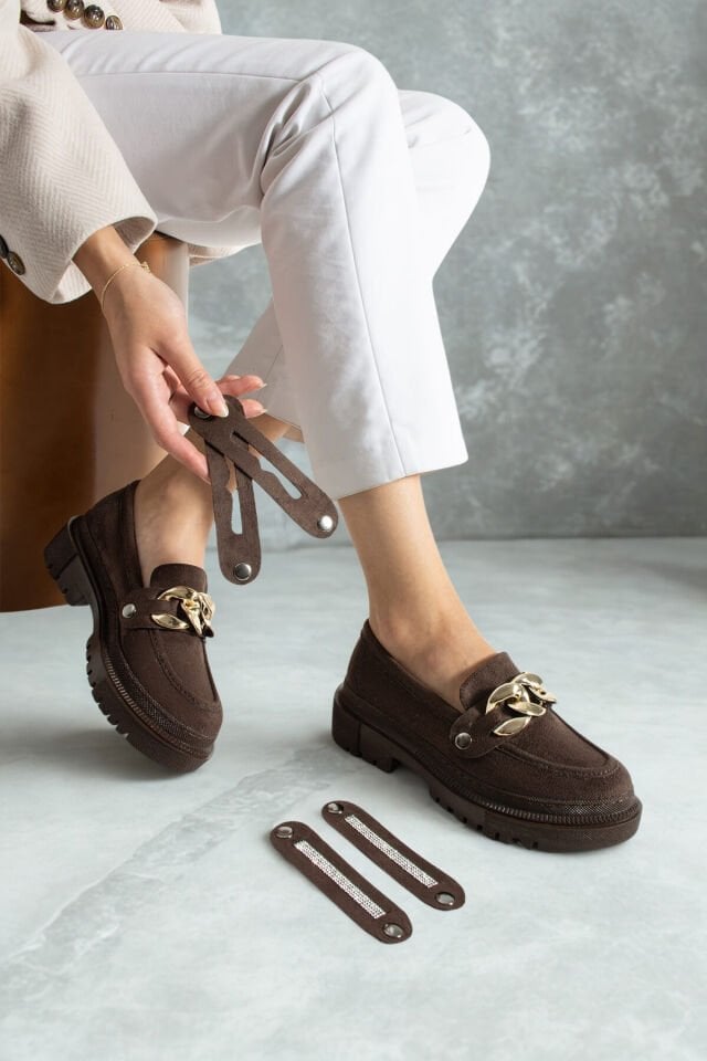 Loafers Tokası Değişebilen Günlük Kadın Süet Kahverengi Ayakkabı