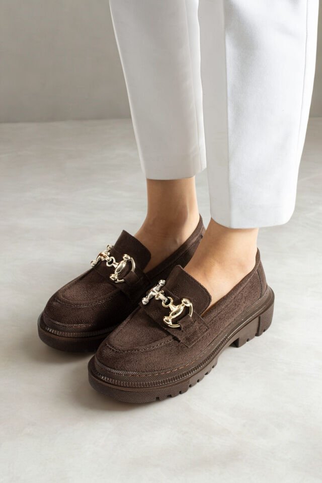 Loafers Tokası Değişebilen Günlük Kadın Süet Kahverengi Ayakkabı