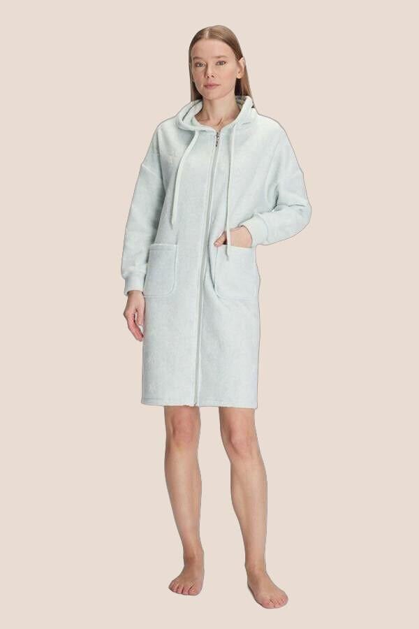 Kadın Polar Kapüşonlu Cepli Fermuarlu Kışlık Sabahlık