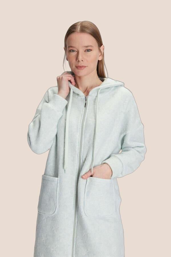 Kadın Polar Kapüşonlu Cepli Fermuarlu Kışlık Sabahlık