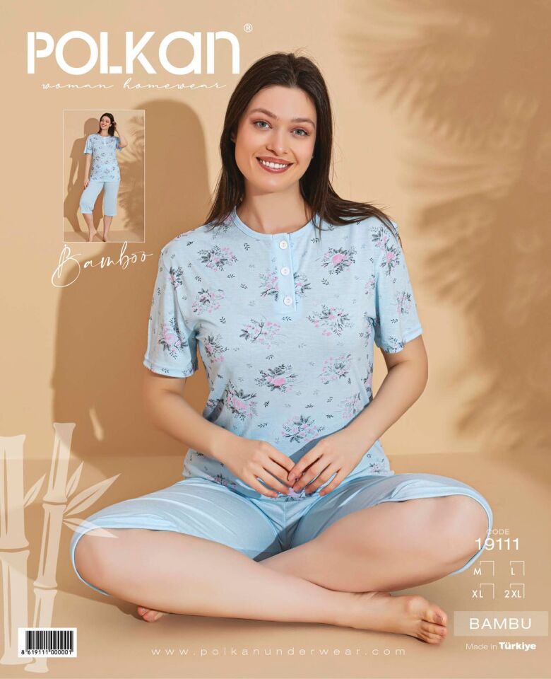 Polkan 19111 (M-L-XL-2XL) Kısa Kollu Kapri Bayan Bambu Pijama Takım 4'lü