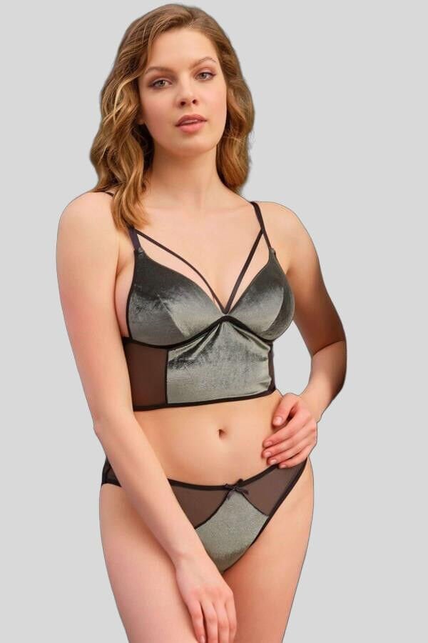 Arias Closet Kadife Balensiz Desteksiz Dolgusuz Yaka Detaylı Bralet Sütyen ve Slip Takım