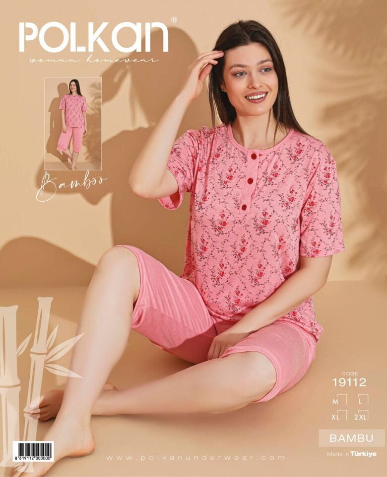 Polkan 19112 (M-L-XL-2XL) Kısa Kollu Kapri Bayan Bambu Pijama Takım 4'lü