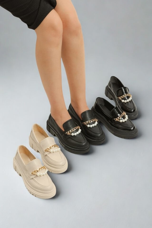 Loafer Günlük Kadın İnci Taş Detaylı Rahat Ayakkabı