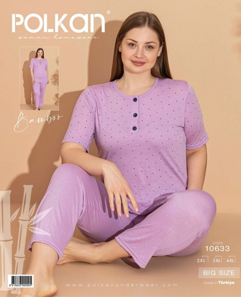 Polkan 10633 (2XL-3XL-4XL) Kısa Kollu Bayan Bambu Pijama Takım 3'lü