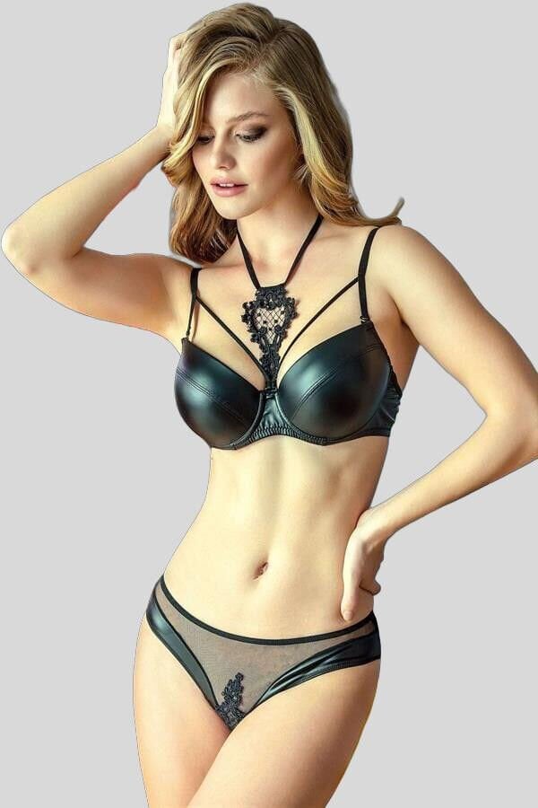 Arias Closet Deri Görünümlü Balenli Destekli Dolgulu Askıları Çıkabilen Yaka Detaylı Çıkabilen Yaka Aksesuarlı Sütyen ve Slip Takım