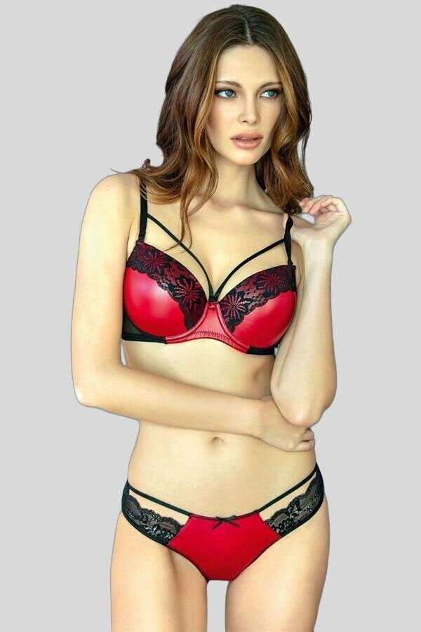 Arias Closet Deri Görünümlü Balenli Destekli Dolgulu Askıları Çıkabilen Yaka Detaylı Sütyen ve Slip Takım