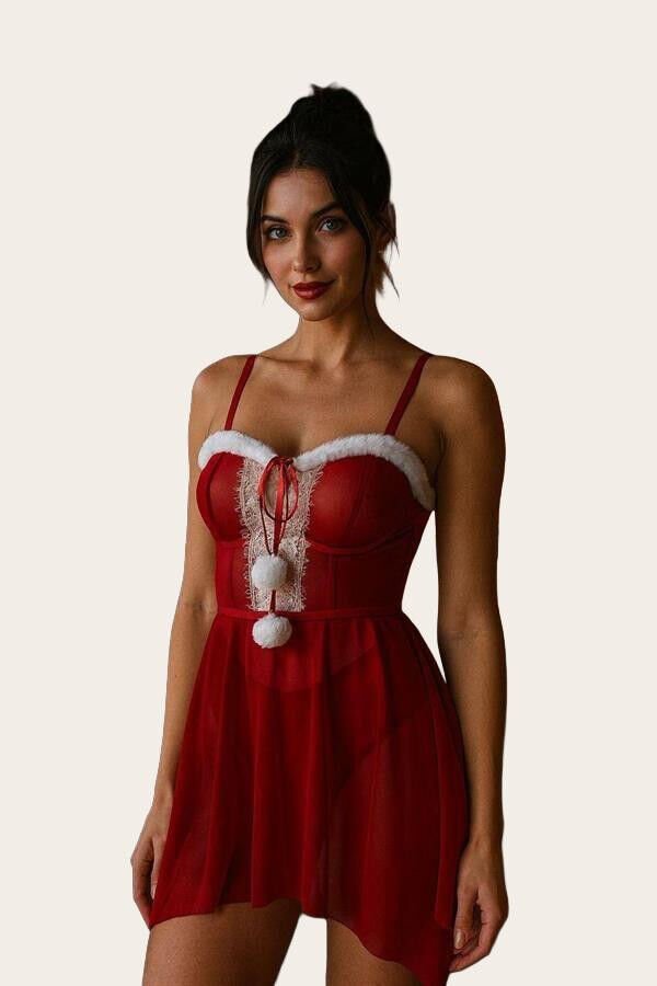 Arias Closet Kırmızı Dantel İşlemeli Fantezi Yılbaşı Özel Tül Gecelik