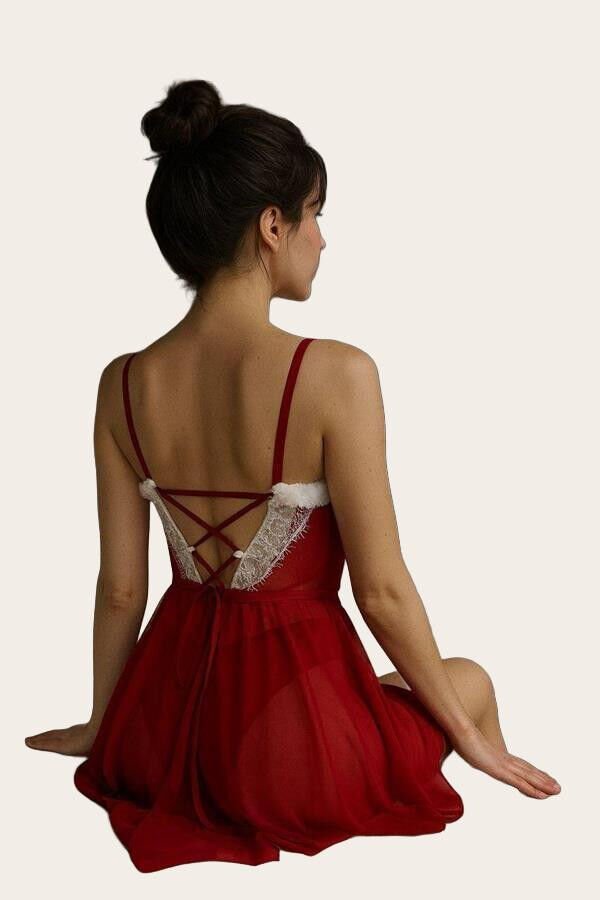 Arias Closet Kırmızı Dantel İşlemeli Fantezi Yılbaşı Özel Tül Gecelik