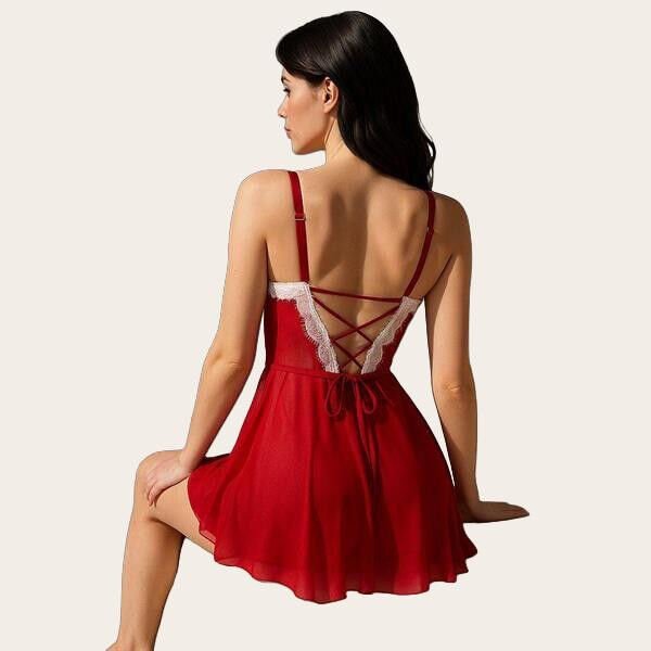 Arias Closet Kırmızı Dantel İşlemeli Fantezi Yılbaşı Özel Tül Gecelik