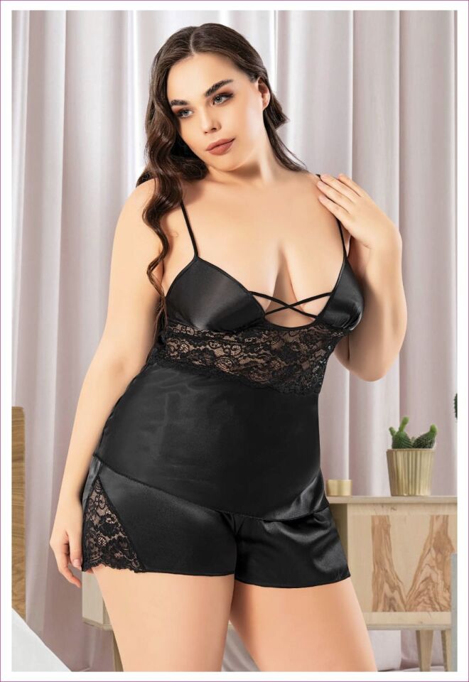 Miss Laris 4248 Battal Beden Bayan Saten Şortlu Takım