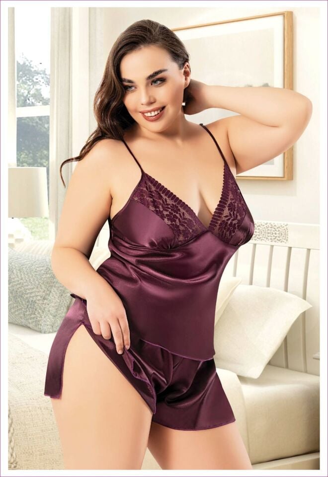 Miss Laris 4237 Battal Beden Bayan Saten Şortlu Takım
