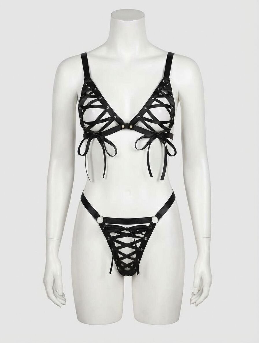 Siyah Lame İp Şeritli Seksi Sütyen Tanga Takım