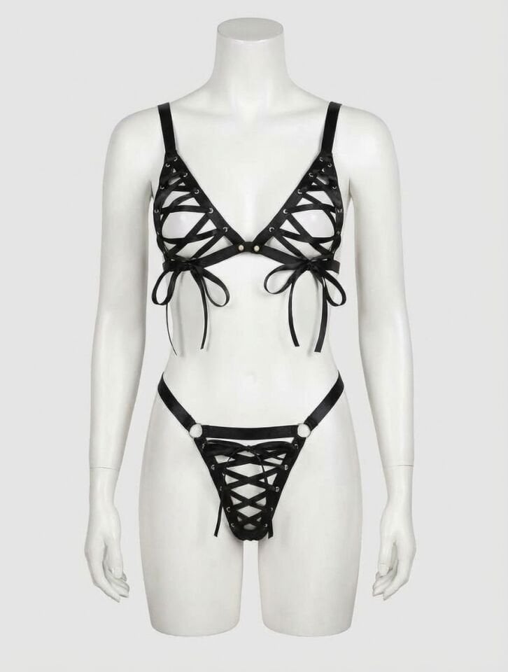 Siyah Lame İp Şeritli Seksi Sütyen Tanga Takım