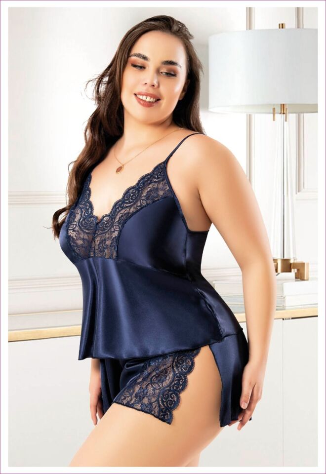 Miss Laris 4243 Battal Beden Bayan Saten Şortlu Takım