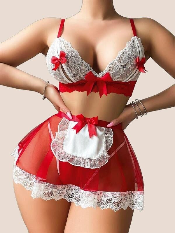 Arias Closet Kırmızı Tül Etekli Fantezi Hizmetçi Kostümü