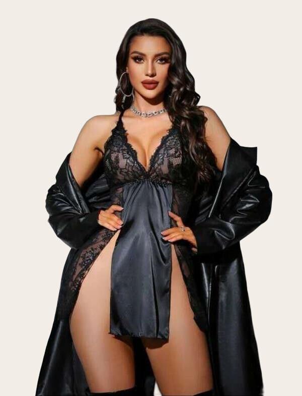 Dantel İşlemeli Yırtmaçlı Siyah Saten 2'li Gecelik Sabahlık Takımı