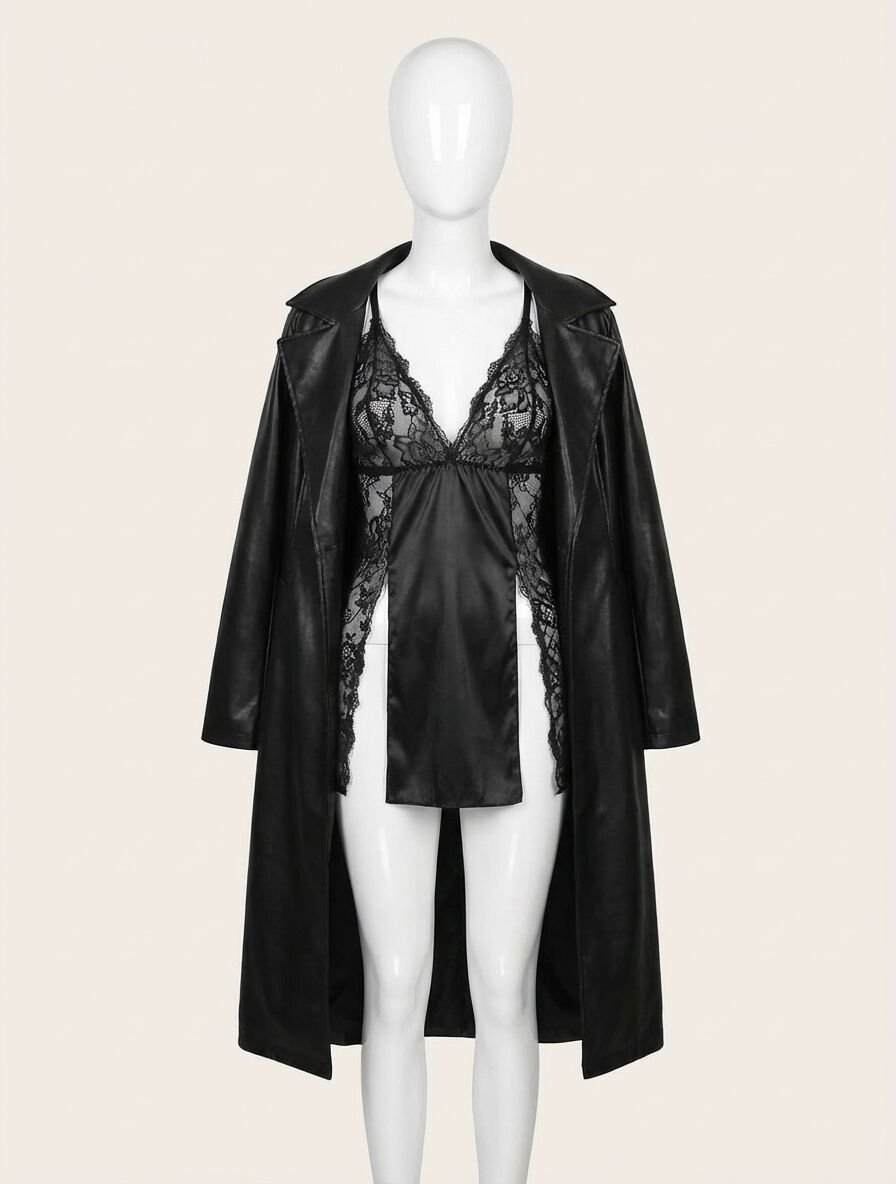 Dantel İşlemeli Yırtmaçlı Siyah Saten 2'li Gecelik Sabahlık Takımı