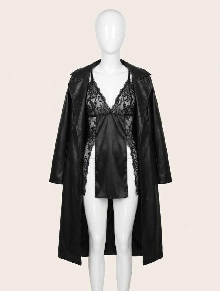 Dantel İşlemeli Yırtmaçlı Siyah Saten 2'li Gecelik Sabahlık Takımı