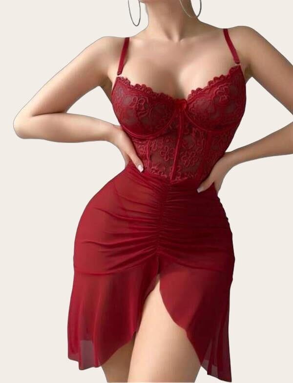 Arias Closet Fırfırlı Dantel İşlemeli Tül Fantezi Bordo Gecelik