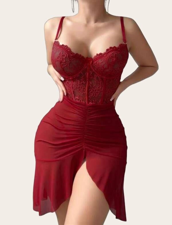 Arias Closet Fırfırlı Dantel İşlemeli Tül Fantezi Bordo Gecelik