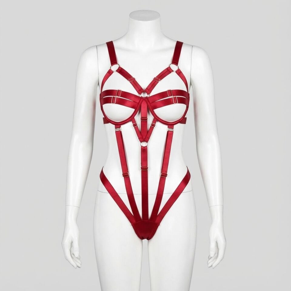 Fantezi Lastik Body Harness Bordo