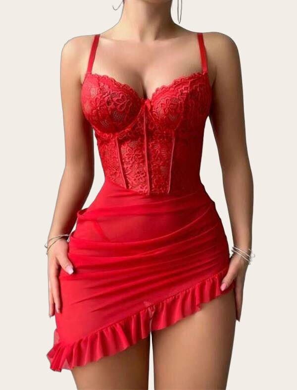 Fırfırlı Dantel İşlemeli Tül Fantezi Kırmızı Gecelik