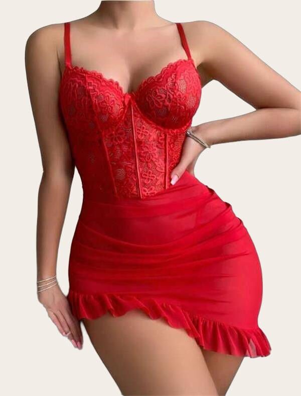 Fırfırlı Dantel İşlemeli Tül Fantezi Kırmızı Gecelik