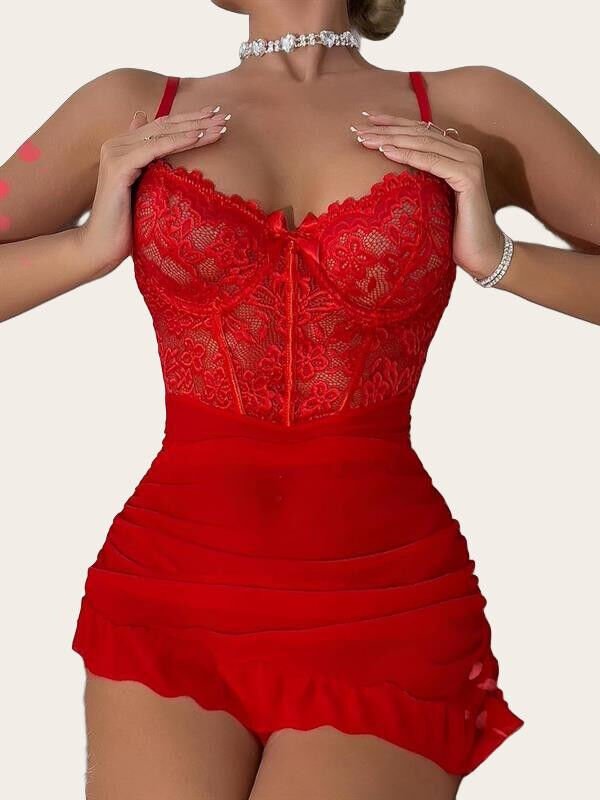 Fırfırlı Dantel İşlemeli Tül Fantezi Kırmızı Gecelik