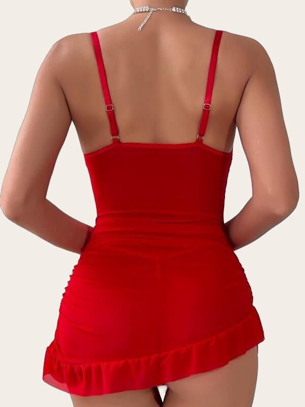 Fırfırlı Dantel İşlemeli Tül Fantezi Kırmızı Gecelik