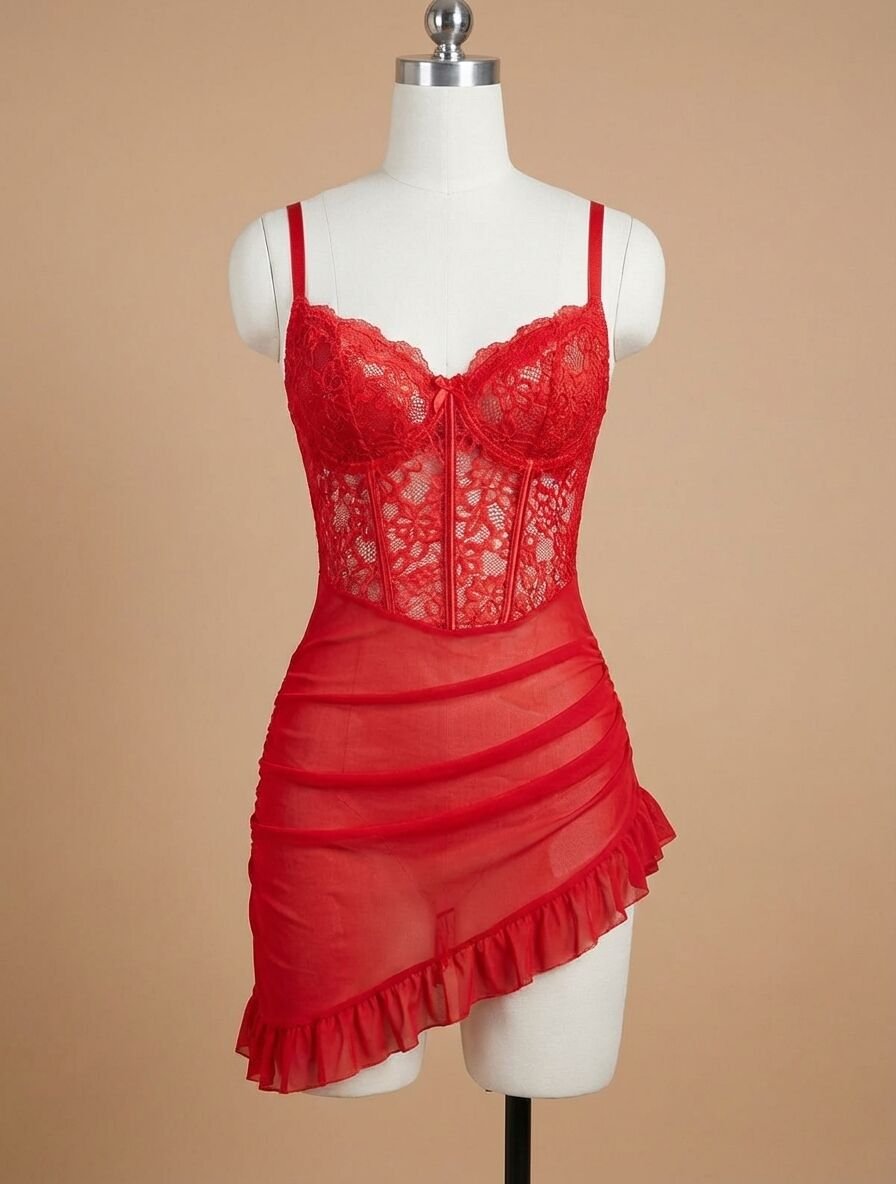 Fırfırlı Dantel İşlemeli Tül Fantezi Kırmızı Gecelik