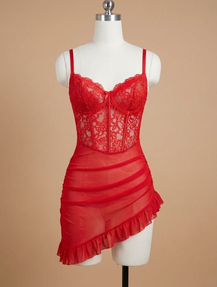 Fırfırlı Dantel İşlemeli Tül Fantezi Kırmızı Gecelik