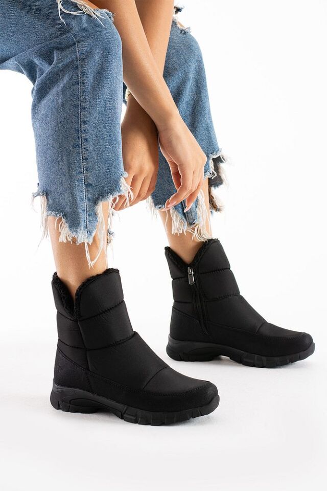 Kadın Siyah Kar Bot Su Geçirmez Fermuarlı Rahat ve Esnek Konforlu Kaliteli