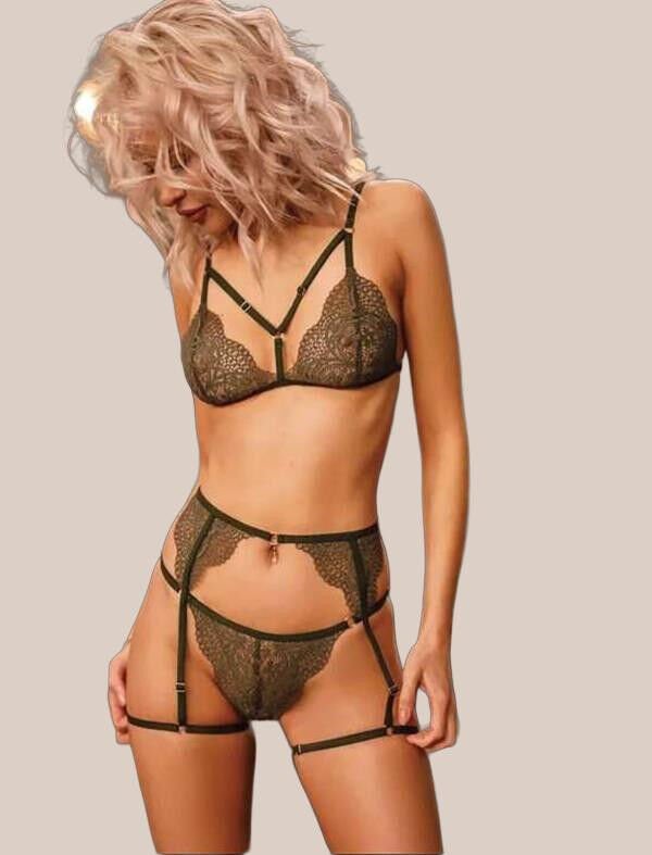 Yeşil Göğüs İp Detaylı Fantezi Jartiyer Takım