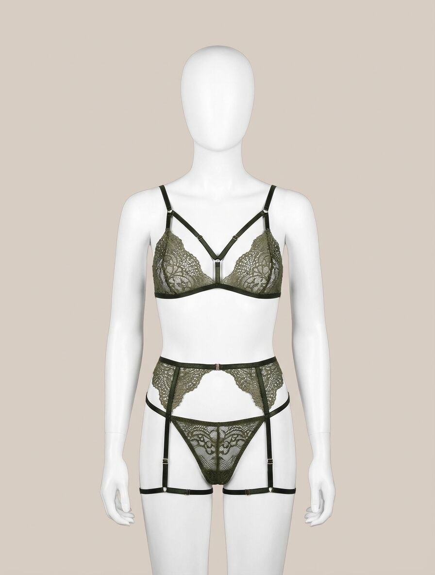 Yeşil Göğüs İp Detaylı Fantezi Jartiyer Takım