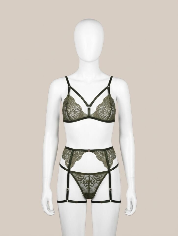 Yeşil Göğüs İp Detaylı Fantezi Jartiyer Takım