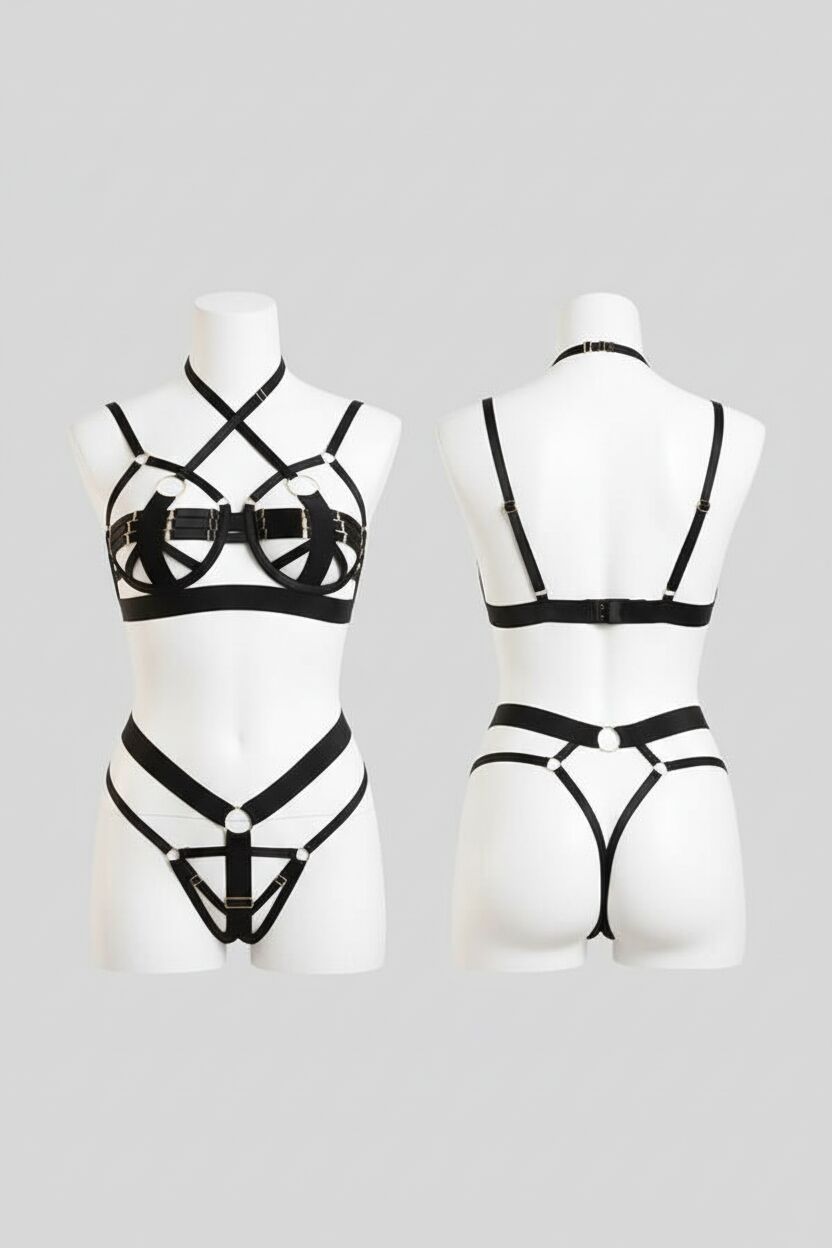 Arias Closet Siyah Harness Sütyen Külot Takım