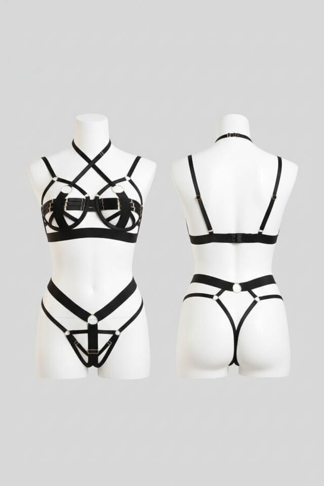Arias Closet Siyah Harness Sütyen Külot Takım