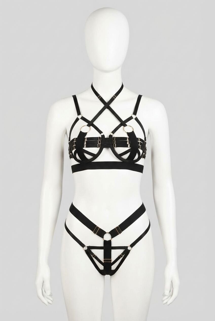 Siyah Harness Sütyen Külot Takım