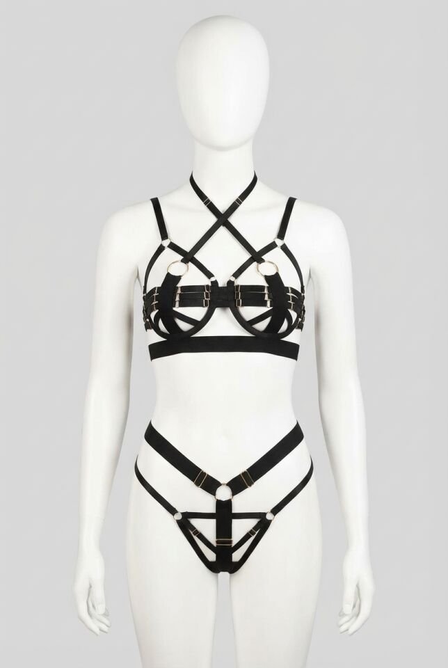 Siyah Harness Sütyen Külot Takım