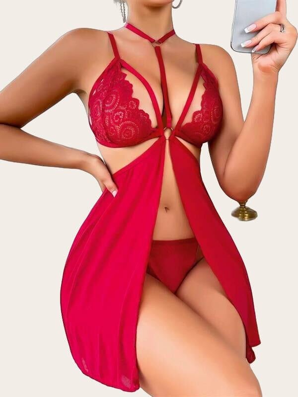 Arias Closet Kırmızı Dantel İşlemeli İp Detaylı Dekolteli Fantezi Tül Gecelik