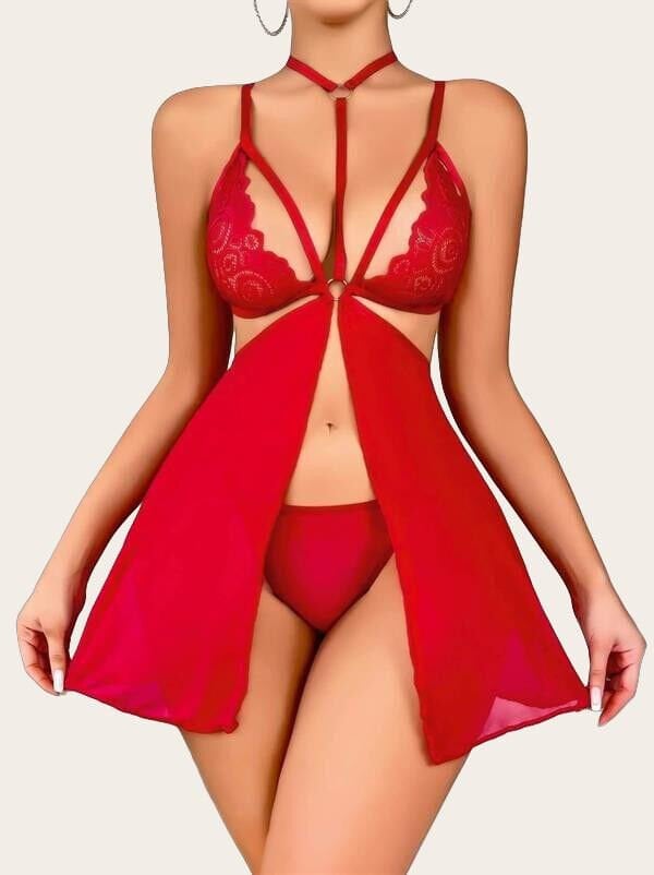 Arias Closet Kırmızı Dantel İşlemeli İp Detaylı Dekolteli Fantezi Tül Gecelik