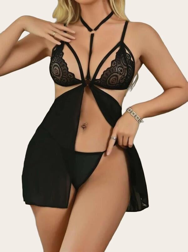 Arias Closet Siyah Dantel İşlemeli İp Detaylı Dekolteli Fantezi Tül Gecelik