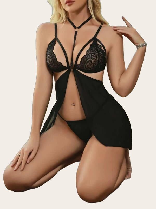 Siyah Dantel İşlemeli İp Detaylı Dekolteli Fantezi Tül Gecelik