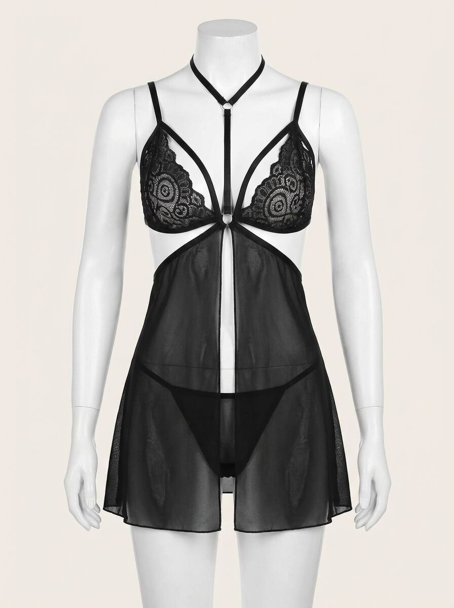 Siyah Dantel İşlemeli İp Detaylı Dekolteli Fantezi Tül Gecelik