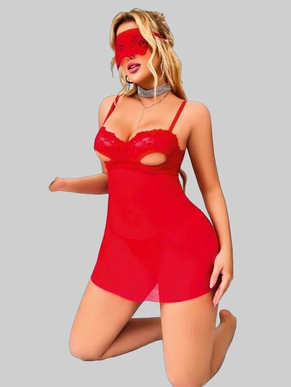 Arias Closet Kırmızı Göğüs Dekolteli Göz Bantlı Fantezi String Tül Gecelik Takımı