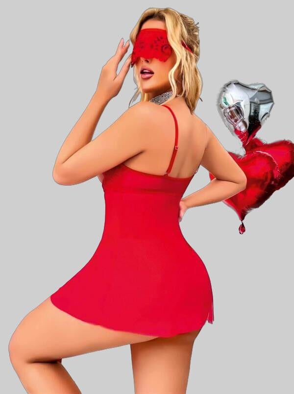 Kırmızı Göğüs Dekolteli Göz Bantlı Fantezi String Tül Gecelik Takımı