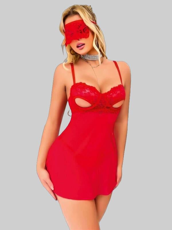 Kırmızı Göğüs Dekolteli Göz Bantlı Fantezi String Tül Gecelik Takımı