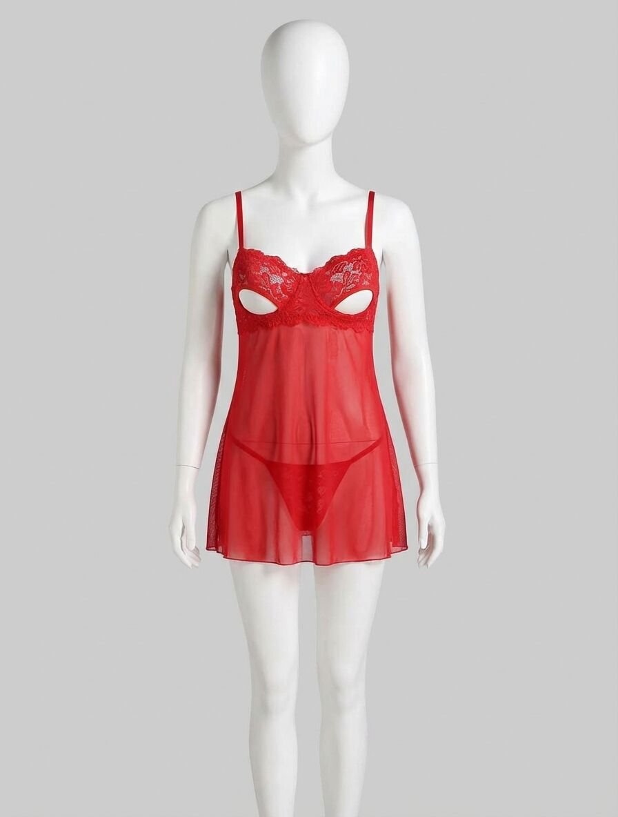 Kırmızı Göğüs Dekolteli Göz Bantlı Fantezi String Tül Gecelik Takımı