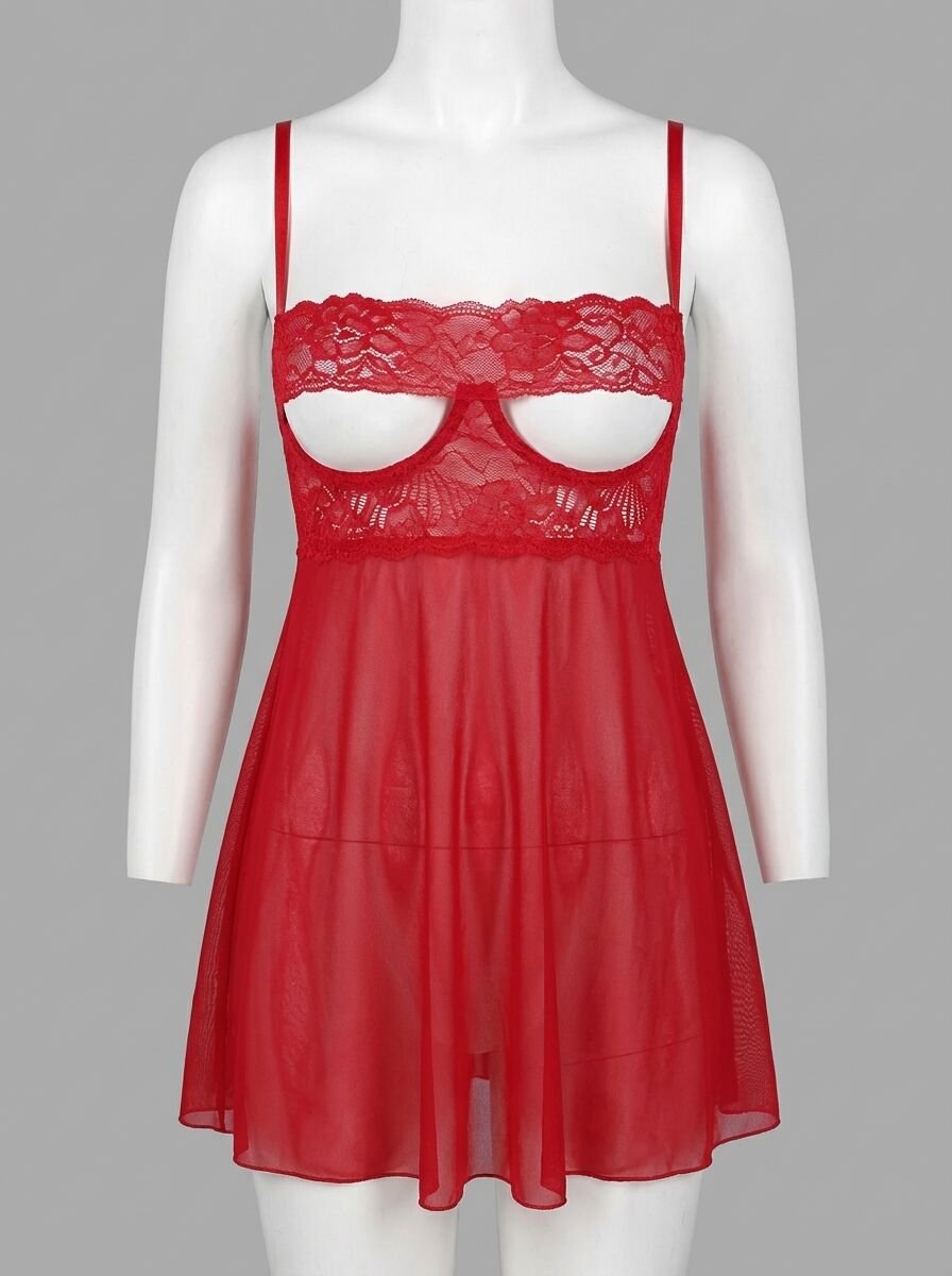 Kırmızı Dantel İşlemeli Göğüs Dekolteli Fantezi String Tül Gecelik Takımı